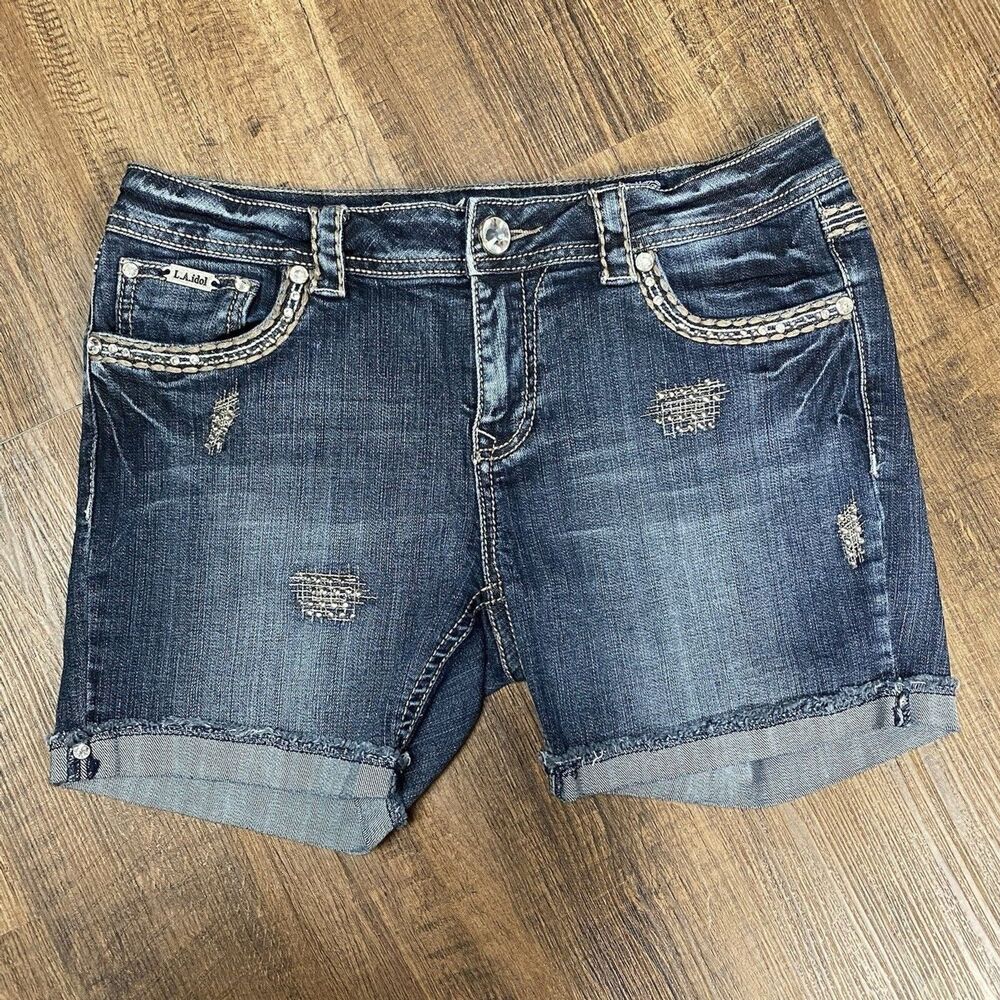 Y2K Rhinestone Shorts Denim LA Idol USA Size 11 Stretchy Coquette Streetwear